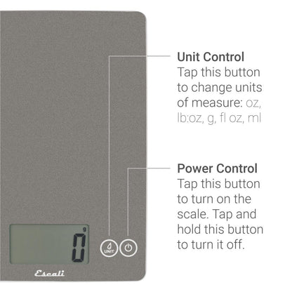 Arti Glass Food Scale Digital Countertop Kitchen, Baking and Cooking Scale with Nutrition and Calorie Counter, 15-Pound Capacity, 9" X 6.5" X .75", Gray Storm