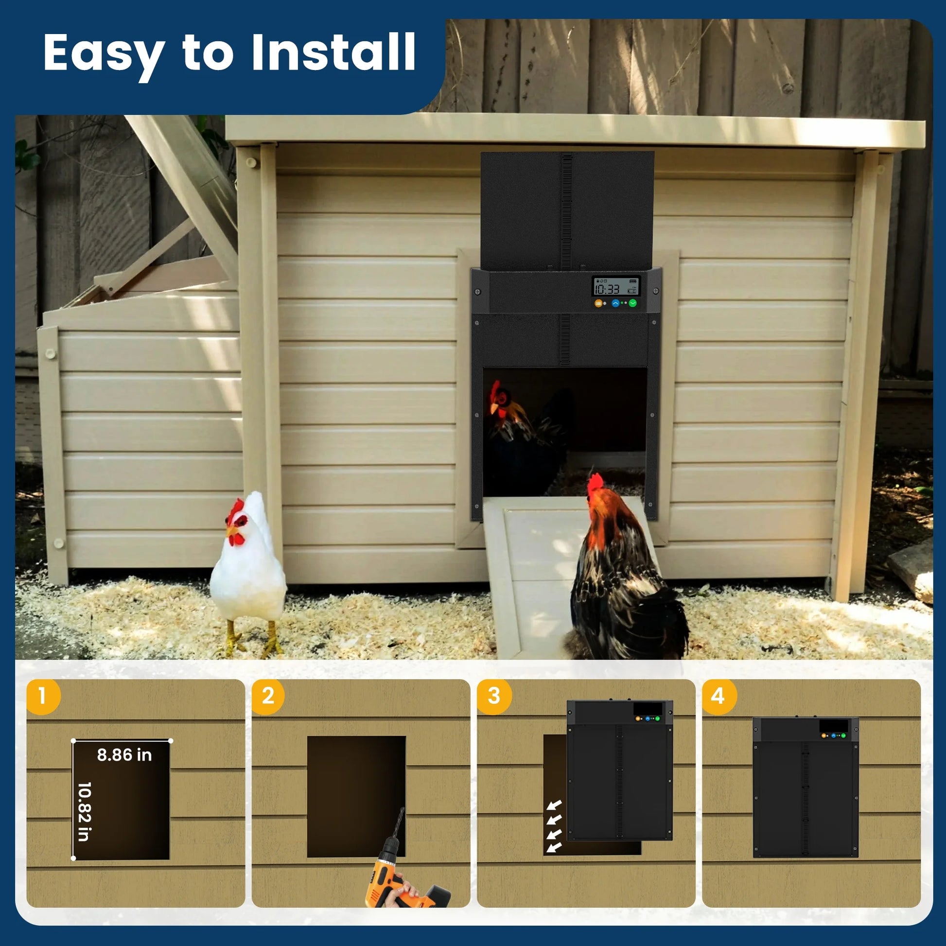 Solar Automatic Chicken Coop Door,  Chicken Coop Door Opener with LCD Screen, Light Sensor/ Timer/ Remote Control Auto Chicken Doors, anti Pinch Waterproof Coop Door, Ideal for Chicken Breeding