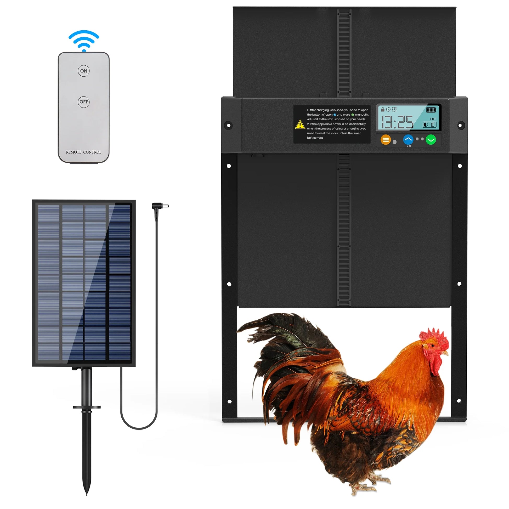 Solar Automatic Chicken Coop Door,  Chicken Coop Door Opener with LCD Screen, Light Sensor/ Timer/ Remote Control Auto Chicken Doors, anti Pinch Waterproof Coop Door, Ideal for Chicken Breeding